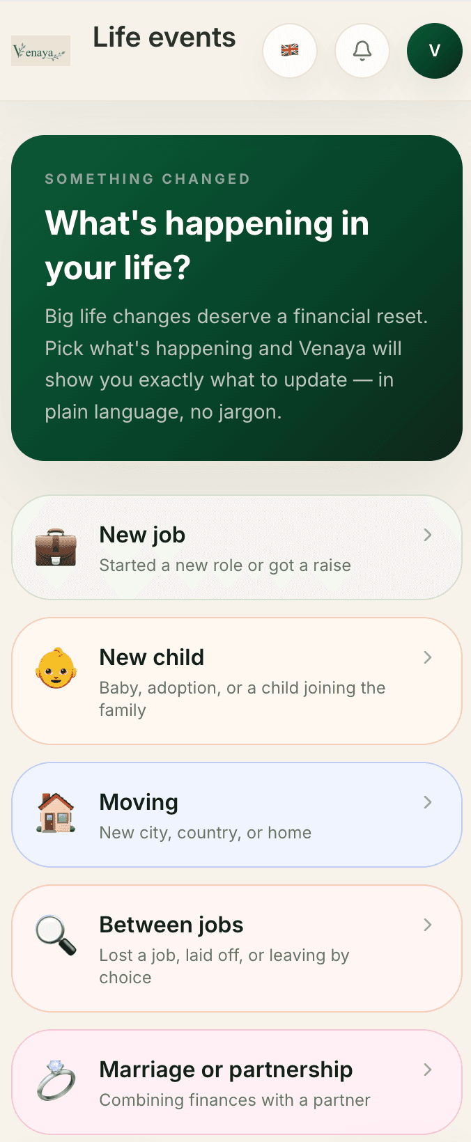 Venaya life events — what's happening in your life